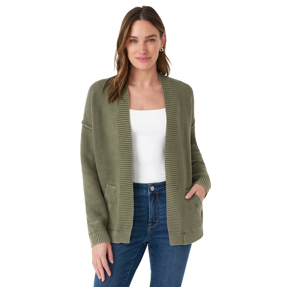 Seven7 Women Open Knit Cardigan Green Relaxed Fit Cotton Sweater Size M NWT